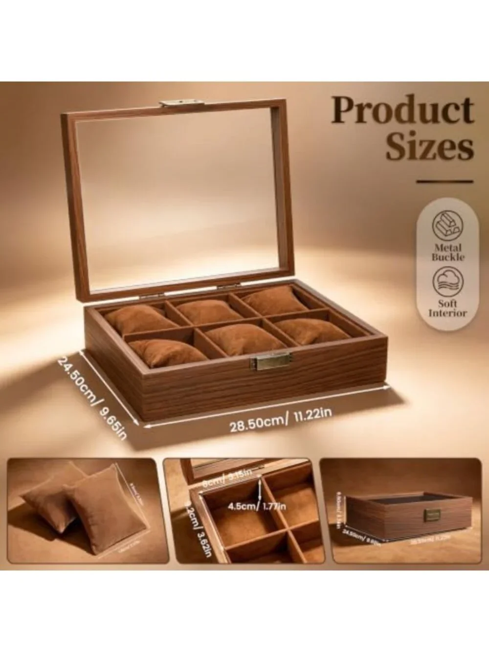 Stylish 6-Slot Wooden Watch Box with Glass Lid - Perfect Gift for Watch Lovers
